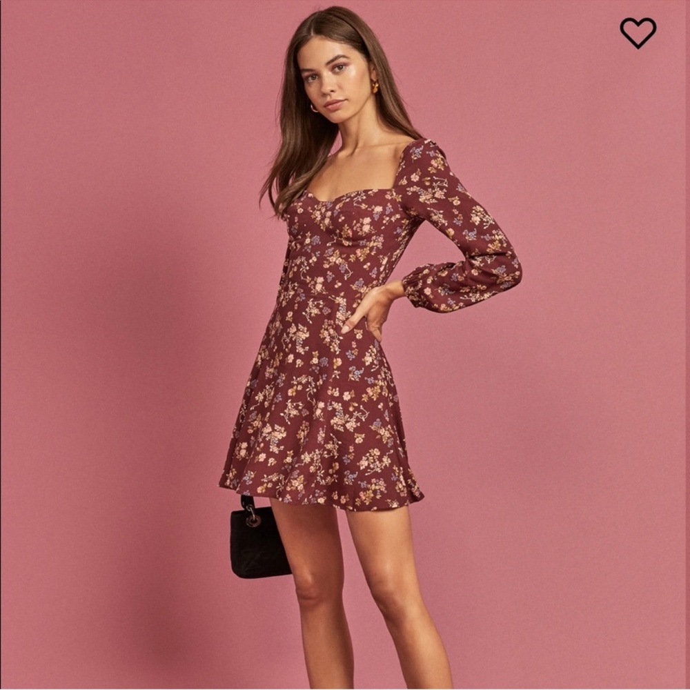Reformation Burgundy Floral mochi Long Sleeve mini dress